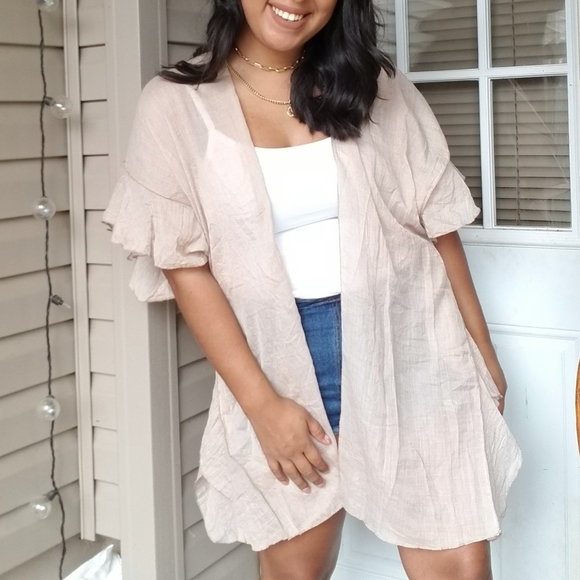 CREAM RUFFLED CASCADE CARDIGAN - Picture 4 of 11